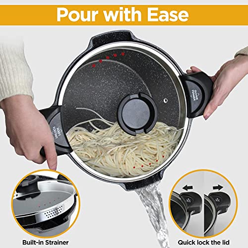 5 Quart Pasta Pot with Strainer Lid, Multipurpose Stock Pot Spaghetti Pot, PFOA free, Three-layer Non-stick coating, Dishwasher Safe, Tempered Glass Lockable Lid, Cast Aluminium, Grey