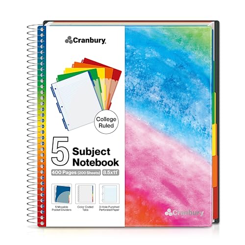 CRANBURY 5-Subject Notebook College Ruled - 400 Pages (200 Sheets) Spiral Notebook 8.5 x 11 with Tabs, Pockets, Movable Dividers, Dual Poly Covers, School Supplies Multi Subject Notebook