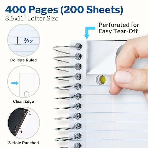 CRANBURY 5-Subject Notebook College Ruled - 400 Pages (200 Sheets) Spiral Notebook 8.5 x 11 with Tabs, Pockets, Movable Dividers, Dual Poly Covers, School Supplies Multi Subject Notebook