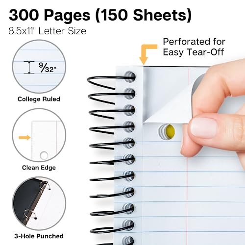 Dunwell 3-Subject Notebook College Ruled - 300 Pages (150 Sheets) Spiral Notebook 8.5 x 11, Tabs, Movable Dividers, Pockets, Dual Poly Covers, Multi Subject Note Book School Supplies