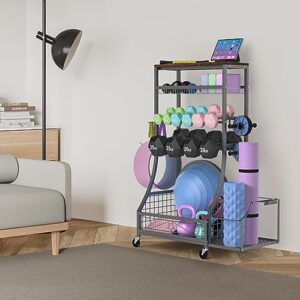 Yoga Mat Storage Rack - Home Gym Storage Rack, Workout Equipment Storage Rack for Dumbbells Yoga Mats Foam Rollers Kettlebells, Weight Rack with Hooks and Wheels