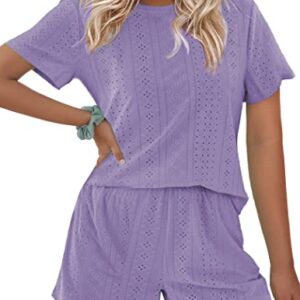 Ekouaer Women's Short Sleeve Pajama Sets Lounge Top and Shorts Hollow Out Pj Outfits Set for Summer (Purple, S)