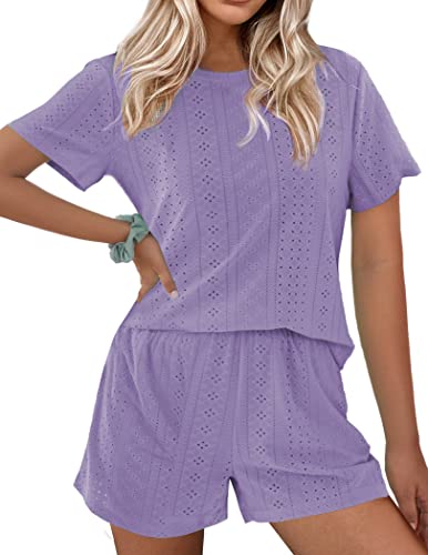 Ekouaer Women's Short Sleeve Pajama Sets Lounge Top and Shorts Hollow Out Pj Outfits Set for Summer (Purple, S)