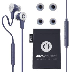 muveacoustics drive premium headphones wired earbuds with microphone, best for computer gaming android phones corded earphones with mic, airplane travel case ear buds plug in 3.5mm cord, flagship blue