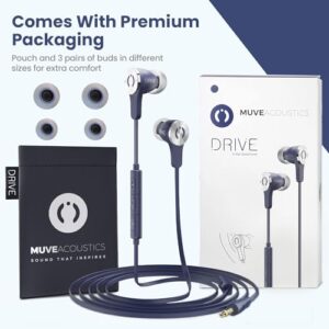 MuveAcoustics Drive Premium Headphones Wired Earbuds with Microphone, Best for Computer Gaming Android Phones Corded Earphones with mic, Airplane Travel Case Ear Buds Plug in 3.5mm cord, Flagship Blue