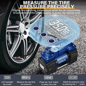 GSPSCN Portable Digital Car Tire Inflator with Gauge 150Psi Auto Shut-Off, Heavy Duty Double Cylinders 12V Air Compressor Pump w/Emergency LED Light for Auto,Truck,Car,Bicycles,RV,SUV,Balls etc. Blue