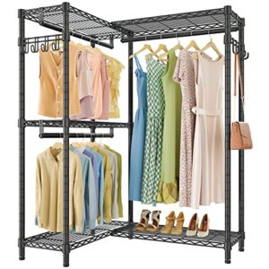 vipek l4 garment rack l shaped clothes rack for corner, freestanding portable wardrobe closet heavy duty clothing rack with 3 hanging rods & 2 side hooks, 43.3"lx29.1"wx76.4"h, max load 750lbs, black