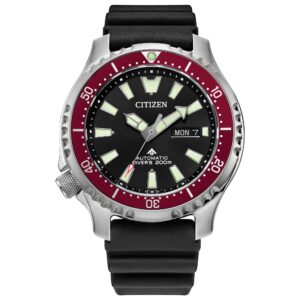 citizen men's promaster sea automatic polyurethane strap watch, 3- hand date and date, rotating bezel, anti-reflective sapphire crystal, luminous hands and markers, stainless/red