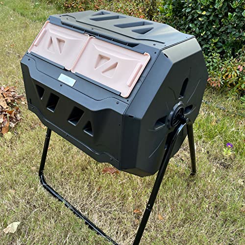 Dual Chamber Compost Tumbler with Gardening Gloves | Easy Assembly Tumbling Composters | 42 Gallon Capacity | Black and Beige | Garden Gloves Included