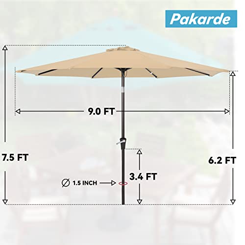 Pakarde 9FT Patio Umbrellas, Outdoor Patio Table Umbrella with Tilt Adjustment and Crank Lift System for Ourdoor Patio, Lawn, Backyard, Pool, Market, Beige