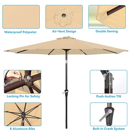 Pakarde 9FT Patio Umbrellas, Outdoor Patio Table Umbrella with Tilt Adjustment and Crank Lift System for Ourdoor Patio, Lawn, Backyard, Pool, Market, Beige