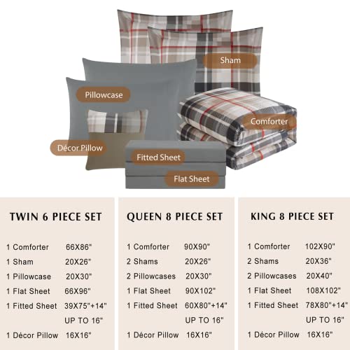 MaiRêve Comforter Set Full Size, Khaki Plaid Design Comforter Set 8 Pieces, All Season Comfortable Bedding Sets Full, Lightweight, Warm and Breathable (Khaki, Full)