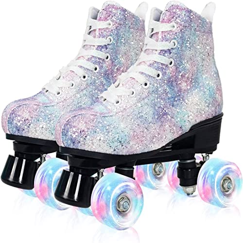 Nattork Roller Skates for Women with Glitter Leather High-top Double Row Rollerskates, Unisex-Adult Derby Skate for Beginner,Fast Braking Rink Skates