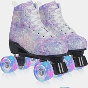 Nattork Roller Skates for Women with Glitter Leather High-top Double Row Rollerskates, Unisex-Adult Derby Skate for Beginner,Fast Braking Rink Skates