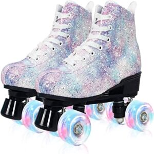 nattork roller skates for women with glitter leather high-top double row rollerskates, unisex-adult derby skate for beginner,fast braking rink skates