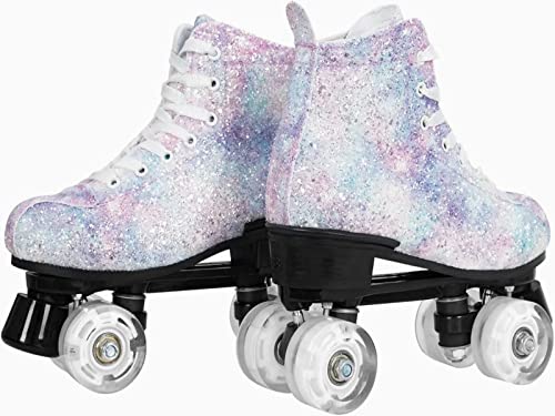 Nattork Roller Skates for Women with Glitter Leather High-top Double Row Rollerskates, Unisex-Adult Derby Skate for Beginner,Fast Braking Rink Skates