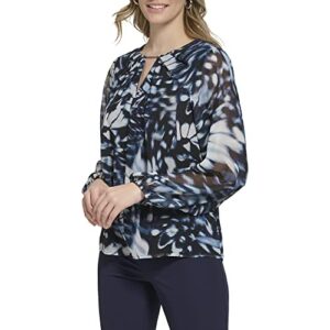 Calvin Klein Women's Essential Shirred Front Longsleeve Printed Blouse, TWILGHT Blue/Black, Medium