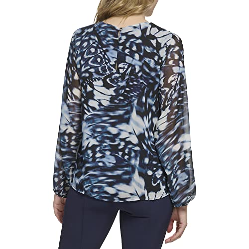 Calvin Klein Women's Essential Shirred Front Longsleeve Printed Blouse, TWILGHT Blue/Black, Medium