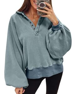 trendy queen womens sweatshirt fall winter clothes lantern sleeve drop shoulder pullover hoodies button fashion y2k outfits lightblue