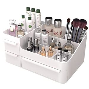 makeup organizer with drawers, countertop organizer for vanity, bathroom and bedroom desk cosmetics display case for brushes, lotions, perfumes, eyeshadow, lipstick and nail polish, white