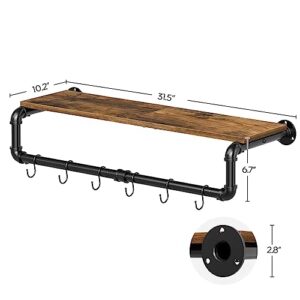 YATINEY Pipe Clothes Rack, 31.5 in Wall Mounted Garment Rack with Top Shelf, Industrial Clothing Rack, Heavy Duty Detachable, Space Saver Hanging Clothes Rack, Rustic Brown FS08BR