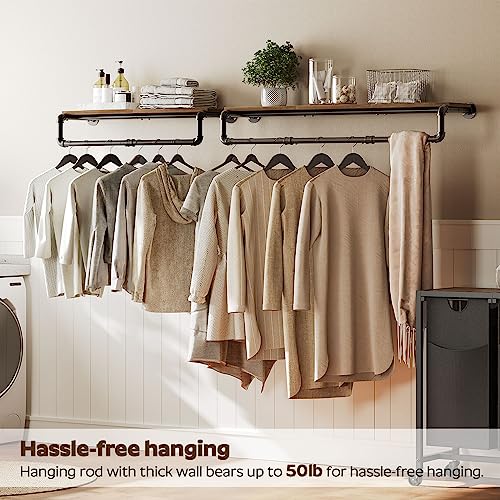 YATINEY Pipe Clothes Rack, 31.5 in Wall Mounted Garment Rack with Top Shelf, Industrial Clothing Rack, Heavy Duty Detachable, Space Saver Hanging Clothes Rack, Rustic Brown FS08BR