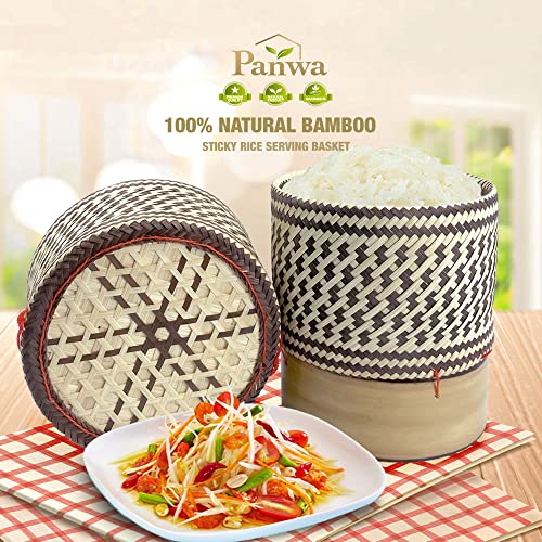 PANWA Bamboo Sticky Rice Serving Basket Thai Kratip Container - Chocolate Colored- 5.5 Inch Diameter with 16 Inch Round 6 Pack Reusable Cheesecloth