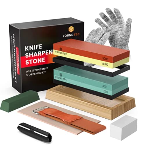 Professional Knife Sharpening Stone Kit – 400/1000 and 3000/8000 Grit Whetstone, Chef Knife Sharpener Knife Sharpener Stone-Includes Bamboo Base, Flattening Stone, Leather Strop & Angle Guide