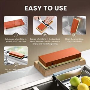 Professional Knife Sharpening Stone Kit – 400/1000 and 3000/8000 Grit Whetstone, Chef Knife Sharpener Knife Sharpener Stone-Includes Bamboo Base, Flattening Stone, Leather Strop & Angle Guide