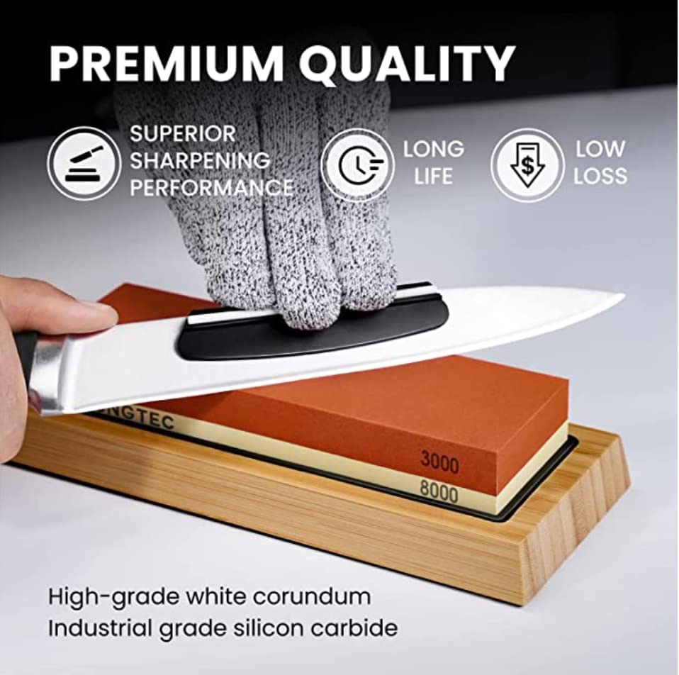 Professional Knife Sharpening Stone Kit – 400/1000 and 3000/8000 Grit Whetstone, Chef Knife Sharpener Knife Sharpener Stone-Includes Bamboo Base, Flattening Stone, Leather Strop & Angle Guide