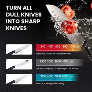 Professional Knife Sharpening Stone Kit – 400/1000 and 3000/8000 Grit Whetstone, Chef Knife Sharpener Knife Sharpener Stone-Includes Bamboo Base, Flattening Stone, Leather Strop & Angle Guide