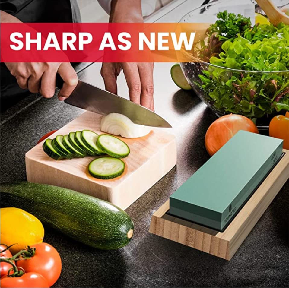 Professional Knife Sharpening Stone Kit – 400/1000 and 3000/8000 Grit Whetstone, Chef Knife Sharpener Knife Sharpener Stone-Includes Bamboo Base, Flattening Stone, Leather Strop & Angle Guide