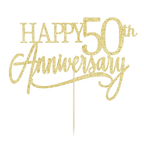 Happy 50th Anniversary Cake Topper,Gold Glitter 50th Birthday， 50Anniversary Party Decoration Supplies，Wedding Anniversary Party Decoration