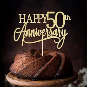 Happy 50th Anniversary Cake Topper,Gold Glitter 50th Birthday， 50Anniversary Party Decoration Supplies，Wedding Anniversary Party Decoration