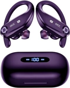 wireless earbuds bluetooth headphones 130h playback 4-mic hd call ip7 waterproof ear buds in ear sport led display earphones with earhooks for running workout gym phone laptop tv computer (purple)