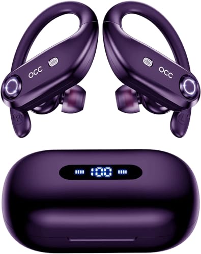 Wireless Earbuds Bluetooth Headphones 130H Playback 4-Mic HD Call IP7 Waterproof Ear Buds in Ear Sport LED Display Earphones with Earhooks for Running Workout Gym Phone Laptop TV Computer (purple)