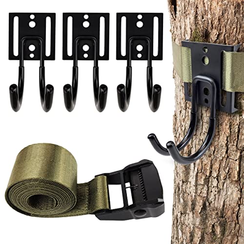 GearHill Tree Stand Gear Hanger, Comes with 3 Strong and Durable Double Hooks, with Sturdy Thick Tie Down Straps, with A Self-Locking Metal Cam Buckle, Tree Stand Hooks