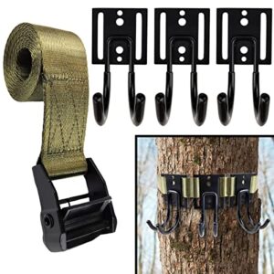 gearhill tree stand gear hanger, comes with 3 strong and durable double hooks, with sturdy thick tie down straps, with a self-locking metal cam buckle, tree stand hooks