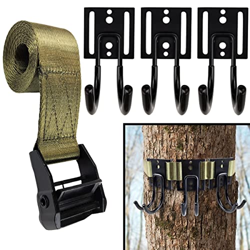 GearHill Tree Stand Gear Hanger, Comes with 3 Strong and Durable Double Hooks, with Sturdy Thick Tie Down Straps, with A Self-Locking Metal Cam Buckle, Tree Stand Hooks