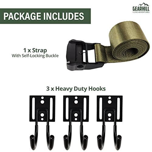 GearHill Tree Stand Gear Hanger, Comes with 3 Strong and Durable Double Hooks, with Sturdy Thick Tie Down Straps, with A Self-Locking Metal Cam Buckle, Tree Stand Hooks