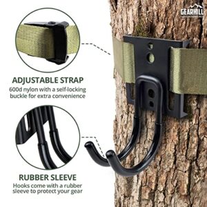 GearHill Tree Stand Gear Hanger, Comes with 3 Strong and Durable Double Hooks, with Sturdy Thick Tie Down Straps, with A Self-Locking Metal Cam Buckle, Tree Stand Hooks