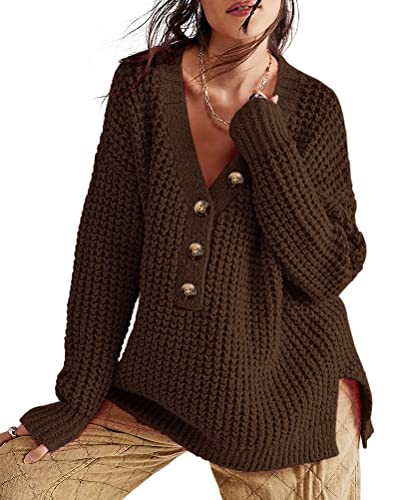 Womens V Neck Button Down Henley Sweater Long Sleeve Knit Pullover Sweaters Casual Side Slit Solid Color Jumper Tops