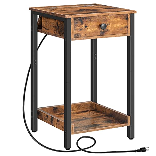 HOOBRO Nightstand with Charging Station, Tall Side Table, End Table with Drawer and Storage Shelf, Industrial End Telephone Table, for Study, Bedroom, Space Saving, Rustic Brown and Black BF71UBZ01