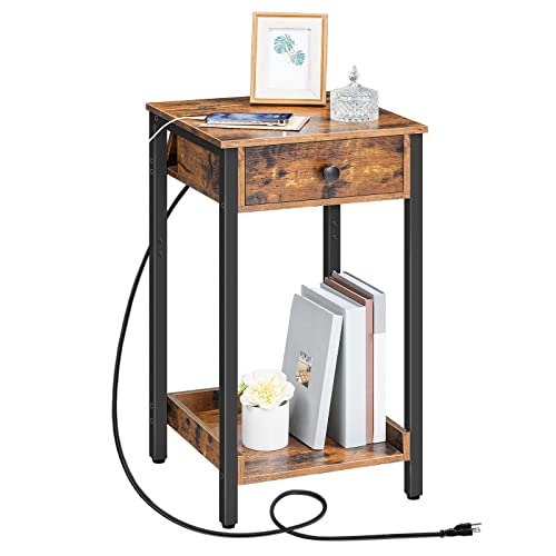 HOOBRO Nightstand with Charging Station, Tall Side Table, End Table with Drawer and Storage Shelf, Industrial End Telephone Table, for Study, Bedroom, Space Saving, Rustic Brown and Black BF71UBZ01