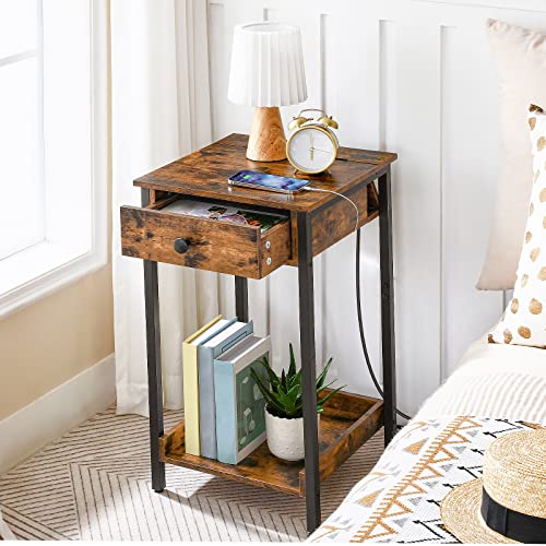 HOOBRO Nightstand with Charging Station, Tall Side Table, End Table with Drawer and Storage Shelf, Industrial End Telephone Table, for Study, Bedroom, Space Saving, Rustic Brown and Black BF71UBZ01