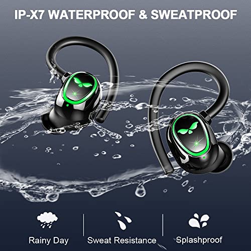 Wireless Earbud Bluetooth 5.3 Headphones Sport Earphones in Ear 48H Playback Stereo Noise Cancelling Earbud with Dual Mic LED Display, Over-Ear Earhooks Ear Buds IP7 Waterproof Headset for Running Gym