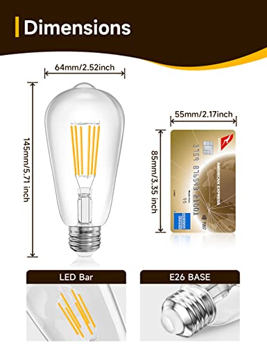 UNILAMP E26 LED Bulb 60 Watt Equivalent Dimmable, 6W Edison Light Bulb, 2700K Warm White, 600LM, ST64 E26 Edison Dimmable Bulb, Vintage LED Filament Bulbs, 2 Pack