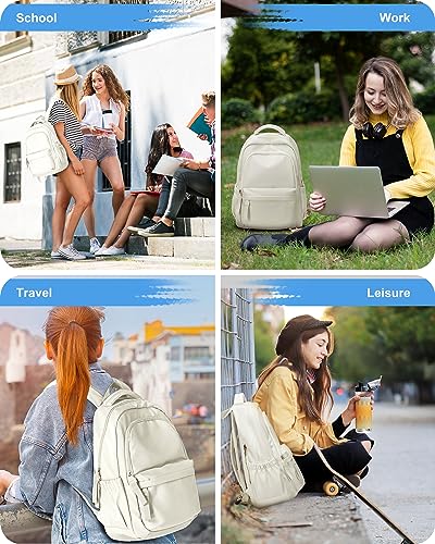 Small Backpack For School Girls Boys Aesthetic Lightweight Travel Daypack Simple Cute Backpack For Women Men Waterproof College High School Bookbag Fit 14 Inch Laptop With USB charging port,Beige