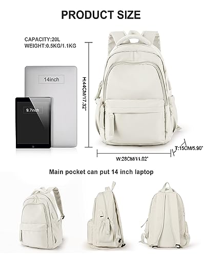 Small Backpack For School Girls Boys Aesthetic Lightweight Travel Daypack Simple Cute Backpack For Women Men Waterproof College High School Bookbag Fit 14 Inch Laptop With USB charging port,Beige