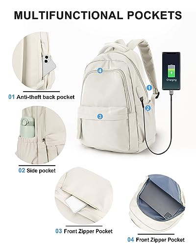 Small Backpack For School Girls Boys Aesthetic Lightweight Travel Daypack Simple Cute Backpack For Women Men Waterproof College High School Bookbag Fit 14 Inch Laptop With USB charging port,Beige